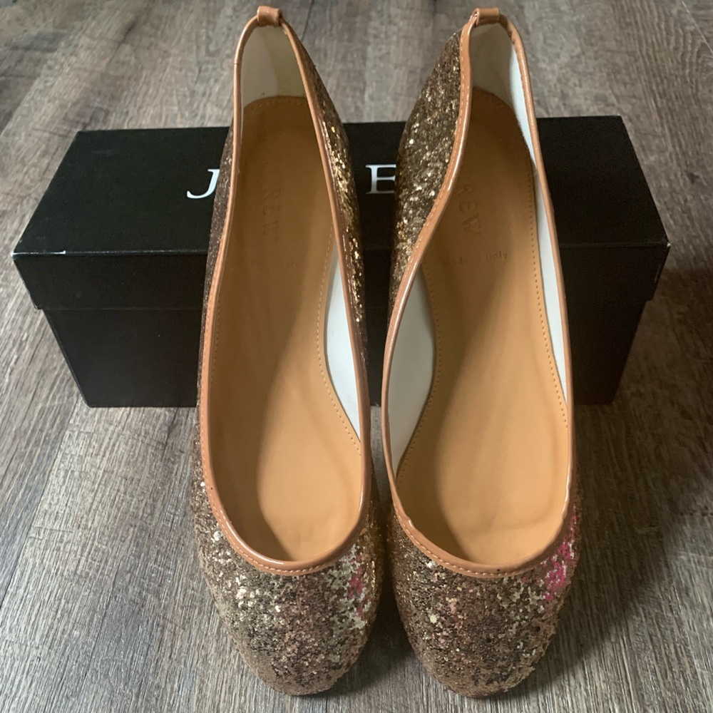 J. Crew gold glitter ballet flats. Never worn
